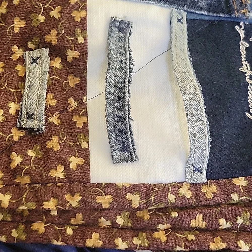 HAND CRAFTED Organizer UPCYCLED Blue Denim Pocket Brown Floral Hanging 29 X20 In